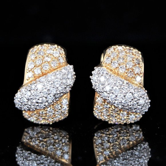19150 14K Yellow White Gold 3.50ct Pave Round Diamonds Huggie Hoop Earrings - Picture 1 of 6